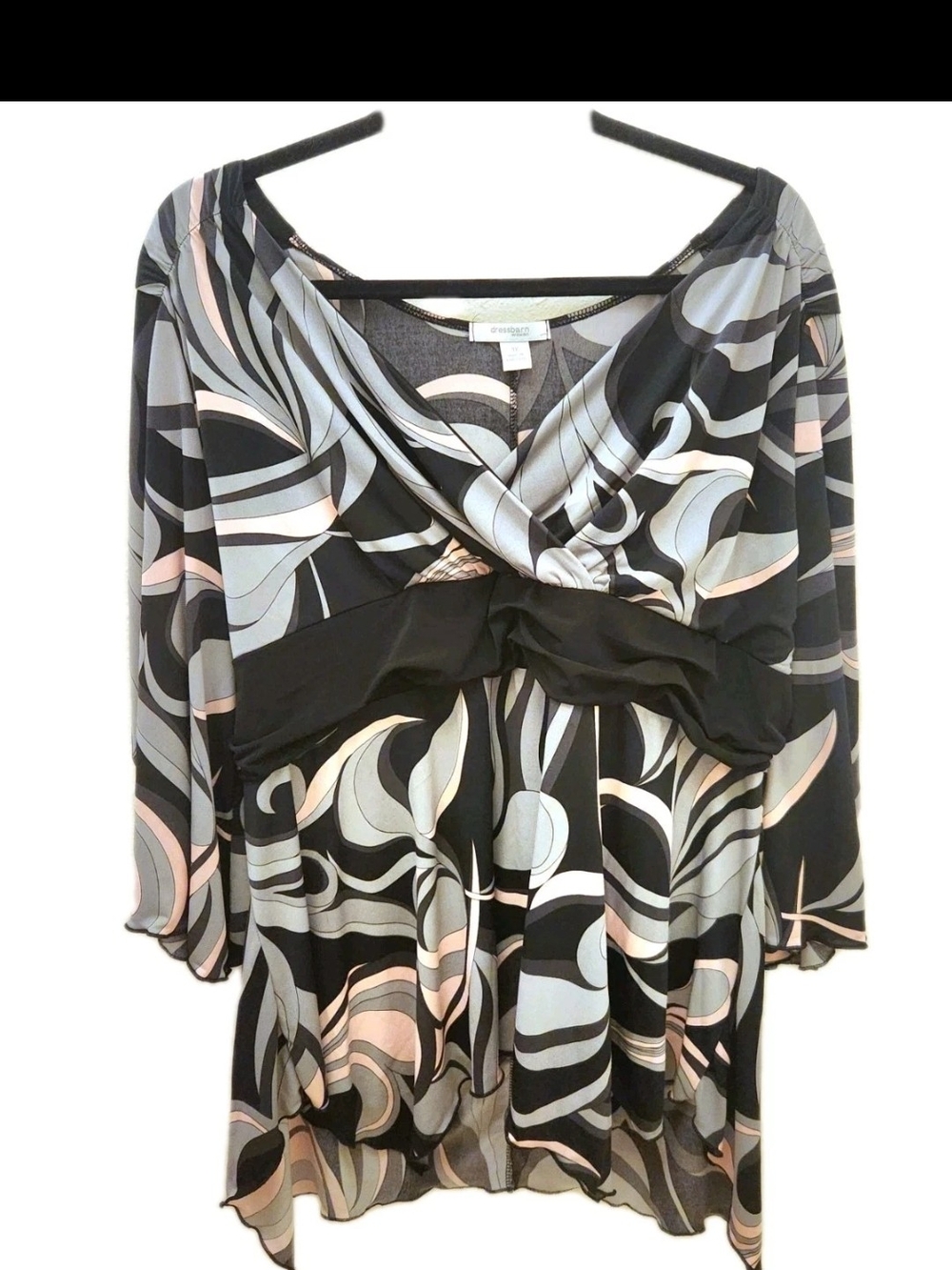Dress Barn Y2K 3X Black, Gray & Blush Abstract Blouse With Empire Waist
